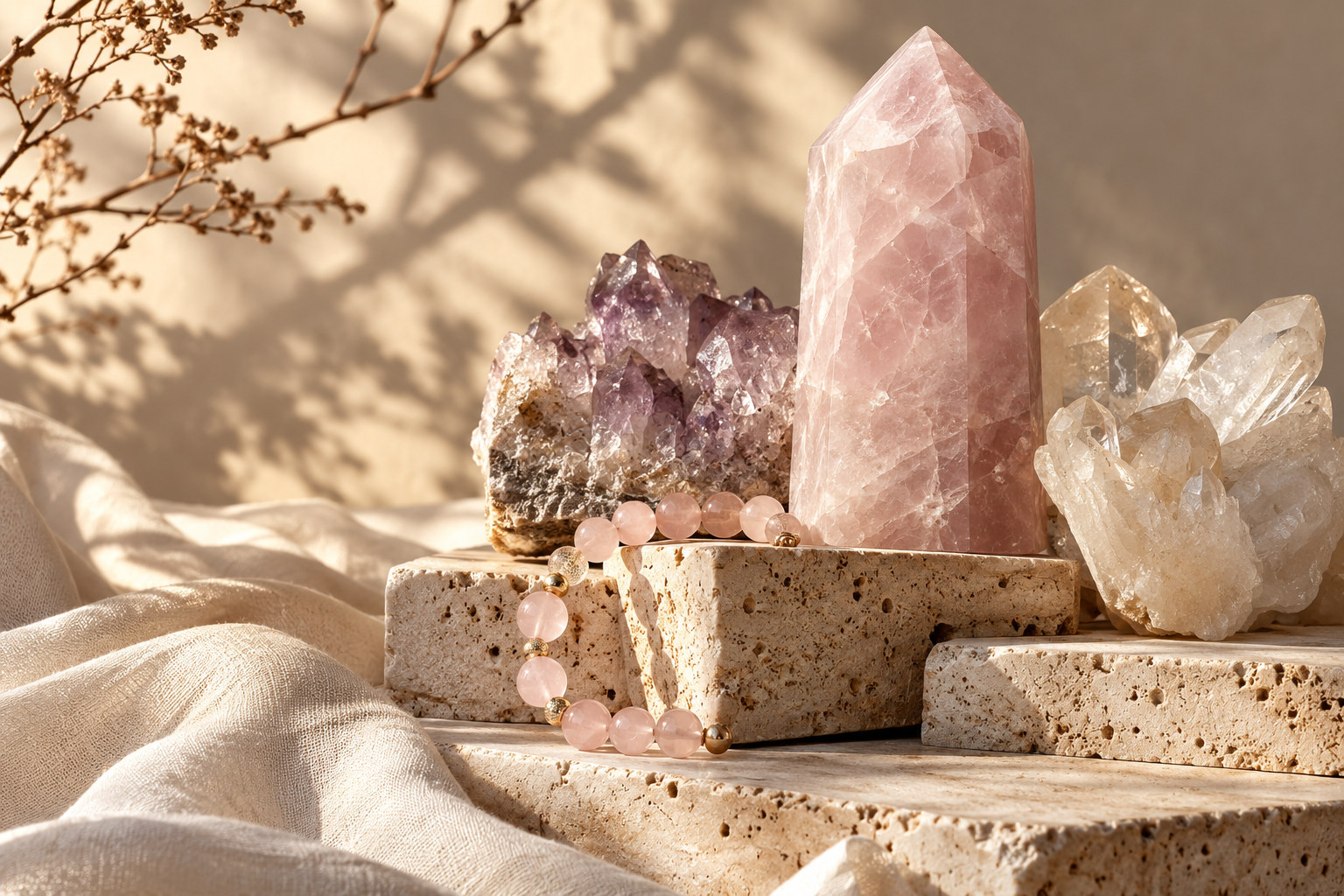 Rose quartz, amethyst and a delicate pink gemstone bracelet on sunlit ivory stone